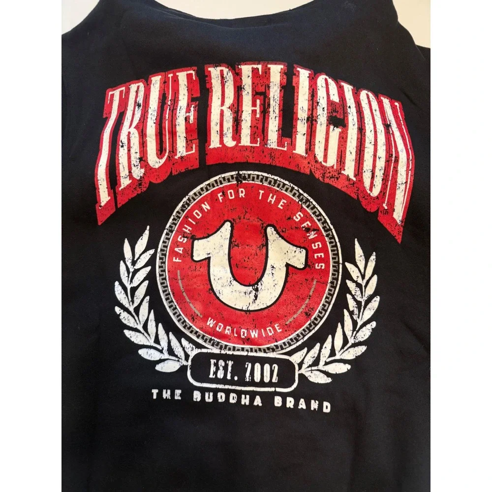 True Religion Mens College HS Zip Hoodie Jet Black Distressed Logo 700926 XL